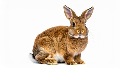 Fototapeta premium Brown rabbit sitting upright with symmetrical ears and detailed fur on white background for editorial wildlife photography emotional storytelling and nature-themed visuals