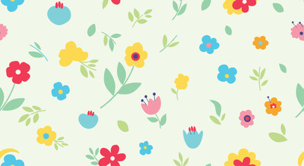 A gentle pastel floral pattern with colorful small flowers and leaves.