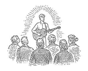 A vintage illustration of a musician performing for an audience. Vintage rough woodcut engraving linocut style vector illustration.
