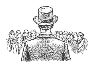 Man in a top hat addressing a crowd in a vintage illustration.