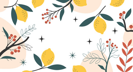A festive pattern of lemons and berries with stars.