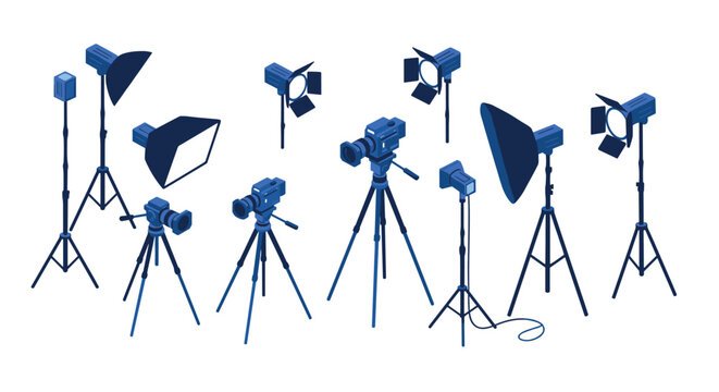 Blue isometric photography equipment collection with tripods and lights
