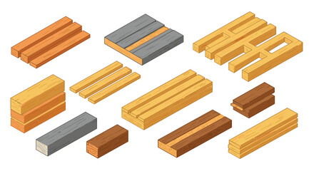 Isometric wooden planks set for construction and design projects