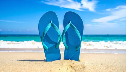 Blue flip-flops standing upright in beach sand with ocean waves and bright sky background for editorial summer vacation lifestyle relaxation and travel-themed visuals