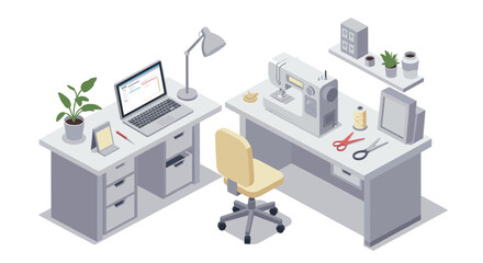 Cozy home office sewing workspace with modern gadgets and craft supplies
