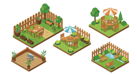 Fototapeta premium Charming backyard isometric patio designs with furniture and greenery