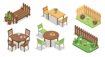 Obraz premium Charming backyard scenes with furniture and gardens in isometric style