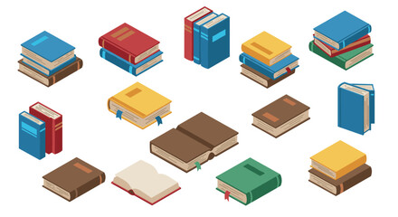 Colorful collection of books in isometric style with diverse covers and layouts
