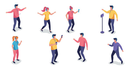 Group of isometric people dancing and listening to music with smartphones