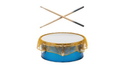 Isolated child's blue drum with yellow trim and drumsticks on a seamless backdrop to play music