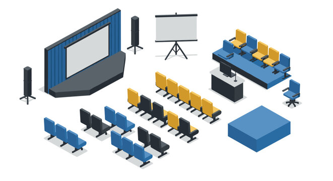 Isometric conference setup with audio visual equipment and seating arrangements