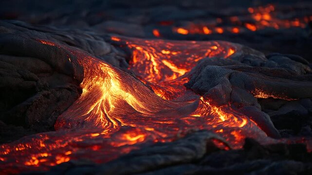 Close-up of lava flow glowing fiery orange against bright volcanic rock, intense radiant heat captured under vivid daylight colors.