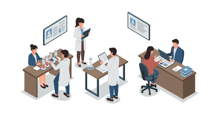 Isometric office scene with professionals in medical and administrative roles
