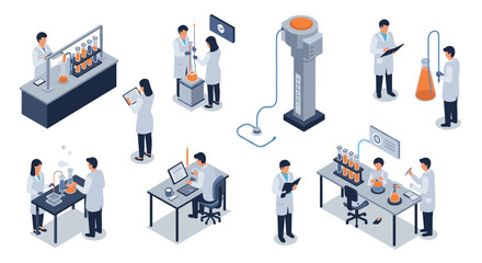Isometric scientific laboratory with researchers conducting experiments