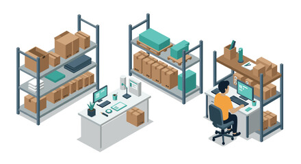 Warehouse office workspace with shelves and desk in isometric design