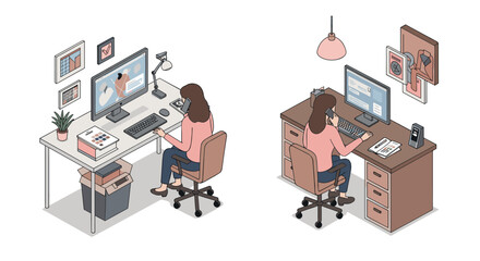 Isometric home office setup with dual monitors and box storage