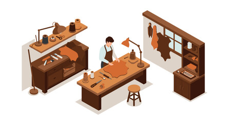 Fototapeta premium Isometric leathercraft workshop: artisan tools and studio space with vintage charm