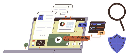 Laptop with HTML editor, video, graphics, text, magnifying glass, and digital shield. Ideal for web development, content creation, SEO multimedia design online learning data processing