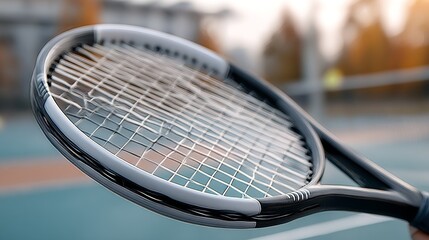 Elevated Top View of a Black and White Tennis Racket Mid-Air on a Vibrant Blue Green Surface