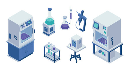 Isometric laboratory equipment set featuring modern analytical instruments