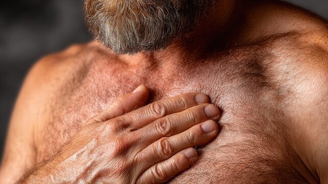 Realistic close-up photo of a person with shortness of breath holding chest indoors, showing mild fatigue and natural emotion, photorealistic and detailed.