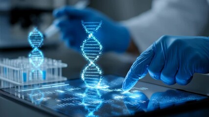 4k video of a scientist examining a DNA strand on the tablet. - Powered by Adobe