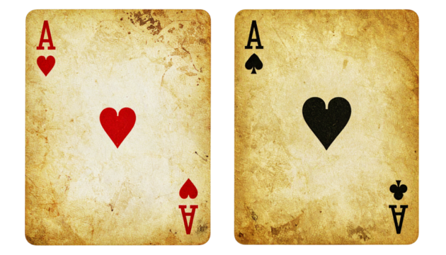 Retro Playing Card Collection Showing Two Aged Ace of Hearts Designs, isolated on transparent background