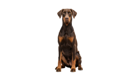 Isolated Doberman Pinscher dog sitting squarely facing the camera with focused attention