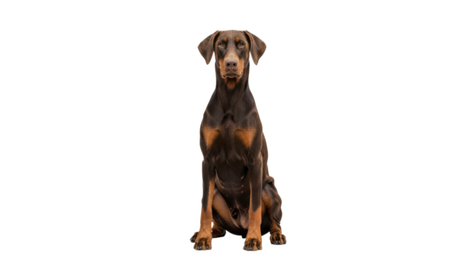 Isolated Doberman Pinscher dog sitting squarely facing the camera with focused attention