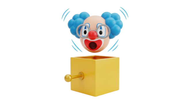Isolated Clown in a box with silly expression and blue hair coming out of a yellow box - Powered by Adobe
