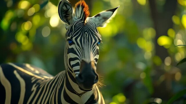 Majestic Zebra with Striking Blue Eyes in a Sunlit Forest.
