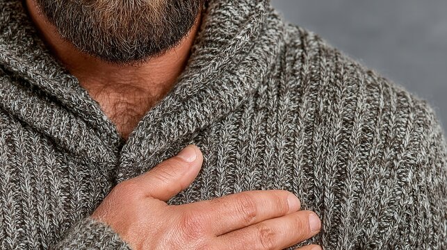 Realistic close-up photo of a person with shortness of breath holding chest indoors, showing mild fatigue and natural emotion, photorealistic and detailed.