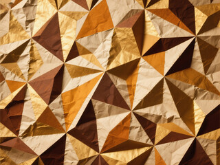 Abstract geometric pattern with triangles in gold brown and beige colors on crumpled paper texture