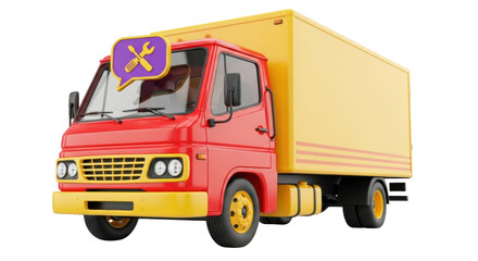 Isolated Red and Yellow Box Truck with Purple Message Bubble Icon on Windshield