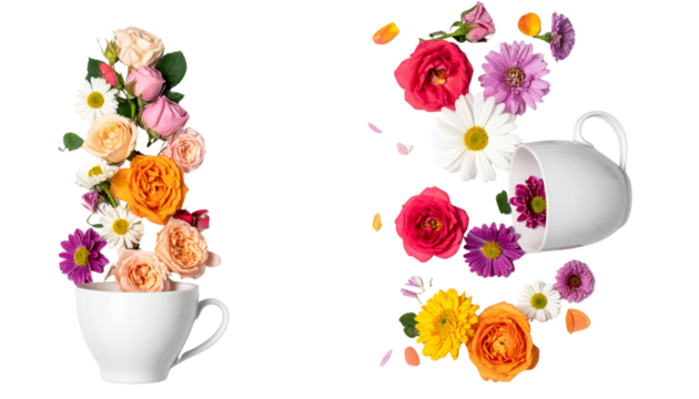 Dual Variation Set of Decorative Teacups with Fresh Flowers, isolated on transparent background
