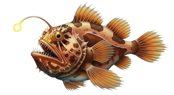 Isolated Fangtooth Anglerfish Illustration of Deep-Sea Predator with bioluminescent lure and big teeth