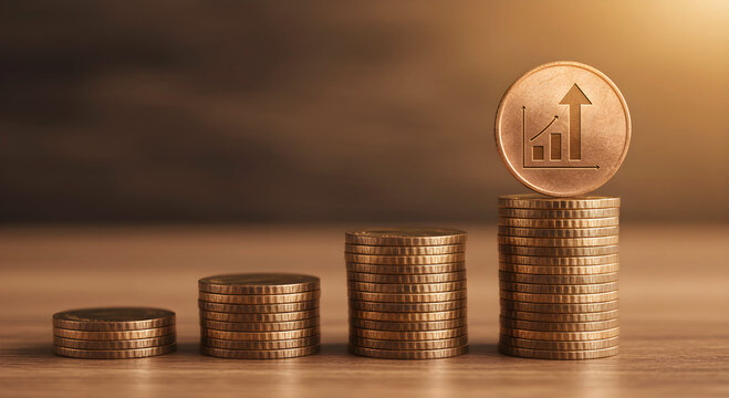 Financial growth visualized with ascending coin columns, representing positive investment returns and profit