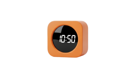 Isolated closeup of an orange digital alarm clock displaying the time 1050 in a simple style
