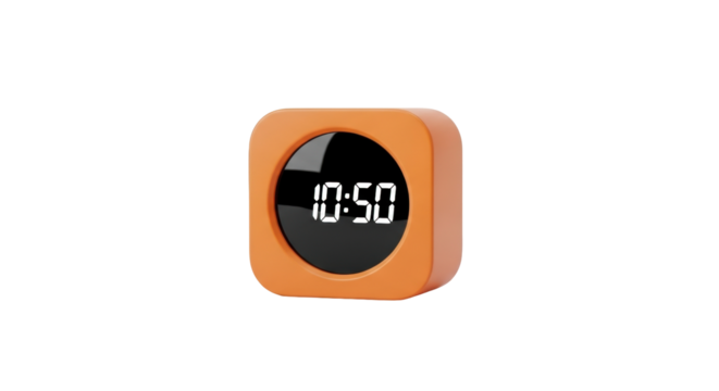 Isolated closeup of an orange digital alarm clock displaying the time 1050 in a simple style