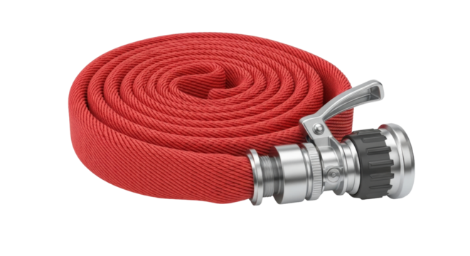 Isolated coiled red fire hose with nozzle and lever, rolled and ready for use in emergency