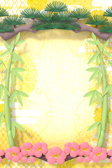 和柄模様をバックにした松竹梅3DCG縦長フレーム