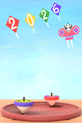 独楽と2026年の連凧の3DCG縦長風景
