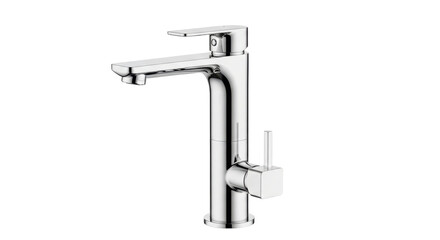 Isolated chrome faucet fixture against backdrop, minimalist bathroom or kitchen design
