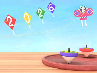 独楽と2026年の連凧の3DCG風景