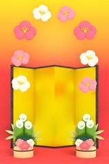 金屏風の前に並ぶかわいい門松の3DCG縦長風景