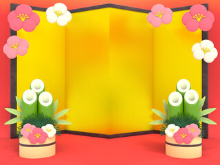 金屏風の前に並ぶかわいい門松の3DCG風景