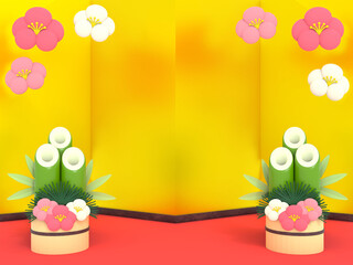 大きな金屏風の前に並ぶかわいい門松の3DCG風景