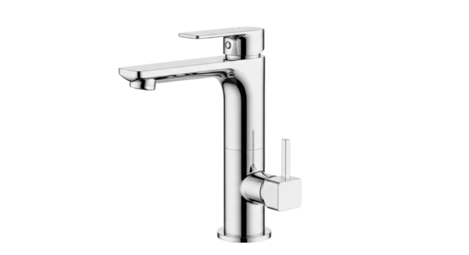 Isolated chrome faucet fixture against backdrop, minimalist bathroom or kitchen design - Powered by Adobe