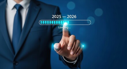 A businessman in a suit touches a loading bar with the years 2025 and 2026, symbolizing progress and future planning isolated on transparent background