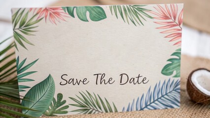 tropical wedding theme Save the date card featuring tropical leaves and a rustic background.